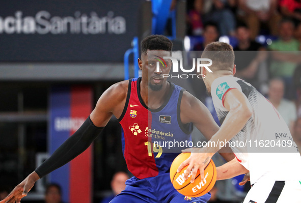 Youssoupha Fall plays during the match between FC Barcelona and Coviran Granada, corresponding to week 1 of the Liga Endesa, at the Palau Bl...