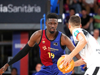 Youssoupha Fall plays during the match between FC Barcelona and Coviran Granada, corresponding to week 1 of the Liga Endesa, at the Palau Bl...