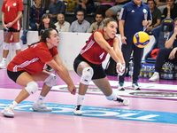 #18 Yasmine Abderrahim and #4 Ivana Vanjak of Olympiacos Athens are in action during the International Trophy ''Una squadra per un sorriso,'...