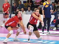 #18 Yasmine Abderrahim and #4 Ivana Vanjak of Olympiacos Athens participate in the International Trophy ''Una squadra per un sorriso,'' Fina...