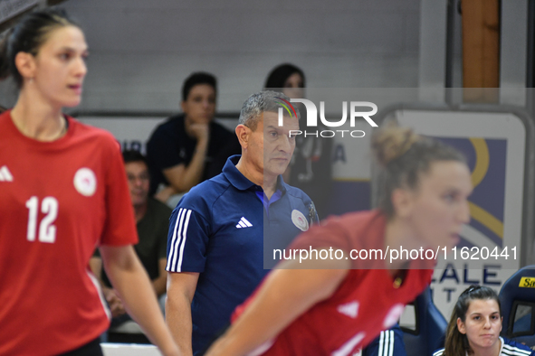 Lorenzo Micelli coaches Olympiacos Athens during the International Trophy ''Una squadra per un sorriso,'' Final 3rd-4th place match between...