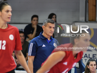 Lorenzo Micelli coaches Olympiacos Athens during the International Trophy ''Una squadra per un sorriso,'' Final 3rd-4th place match between...