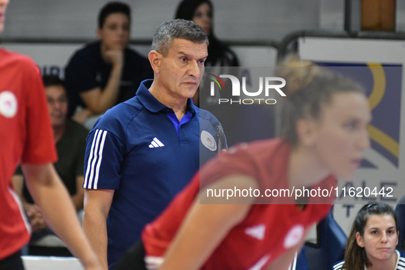 Lorenzo Micelli coaches Olympiacos Athens during the International Trophy ''Una squadra per un sorriso,'' Final 3rd-4th place match between...