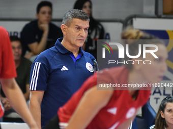 Lorenzo Micelli coaches Olympiacos Athens during the International Trophy ''Una squadra per un sorriso,'' Final 3rd-4th place match between...