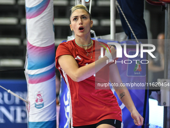 Bianca Farriol of Olympiacos Athens celebrates a point during the team's International Trophy ''Una squadra per un sorriso,'' Final 3rd-4th...