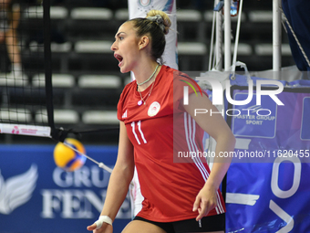 Bianca Farriol of Olympiacos Athens celebrates a point during the team's International Trophy ''Una squadra per un sorriso,'' Final 3rd-4th...