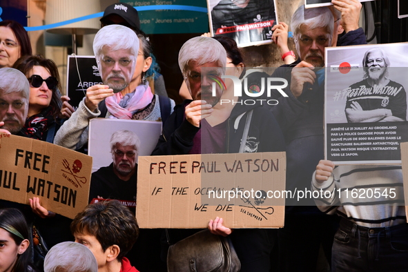 Protesters call for the release of Paul Watson from the Sea Shepherd association in Lyon, France, on September 29, 2024. 