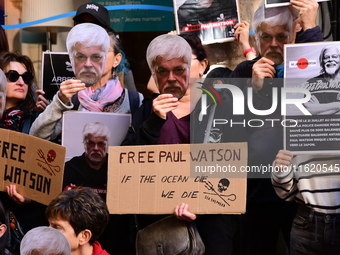 Protesters call for the release of Paul Watson from the Sea Shepherd association in Lyon, France, on September 29, 2024. (