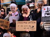 Protesters call for the release of Paul Watson from the Sea Shepherd association in Lyon, France, on September 29, 2024. (