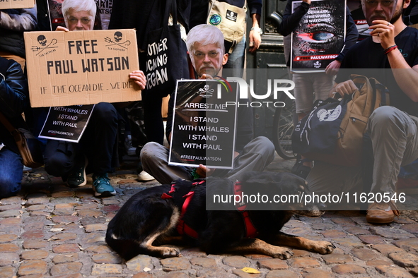 Protesters call for the release of Paul Watson from the Sea Shepherd association in Lyon, France, on September 29, 2024. 