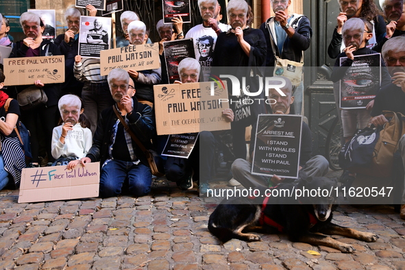 Protesters call for the release of Paul Watson from the Sea Shepherd association in Lyon, France, on September 29, 2024. 