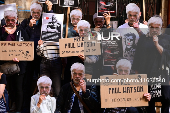 Protesters call for the release of Paul Watson from the Sea Shepherd association in Lyon, France, on September 29, 2024. 