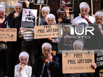 Protesters call for the release of Paul Watson from the Sea Shepherd association in Lyon, France, on September 29, 2024. (