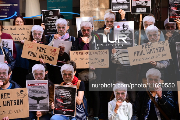 Protesters call for the release of Paul Watson from the Sea Shepherd association in Lyon, France, on September 29, 2024. 