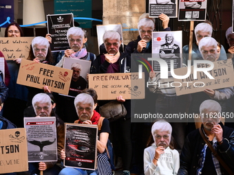 Protesters call for the release of Paul Watson from the Sea Shepherd association in Lyon, France, on September 29, 2024. (