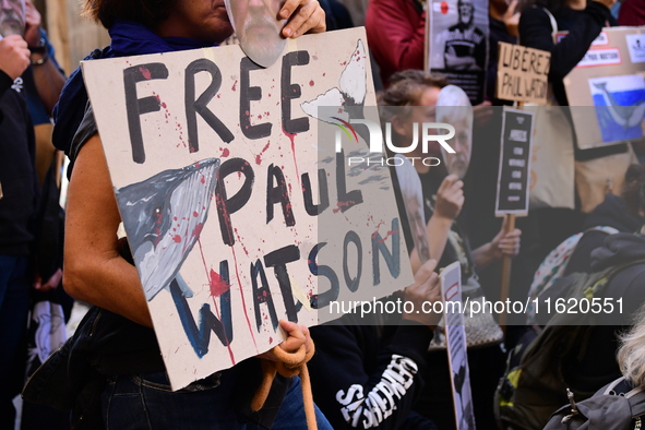 Protesters call for the release of Paul Watson from the Sea Shepherd association in Lyon, France, on September 29, 2024. 