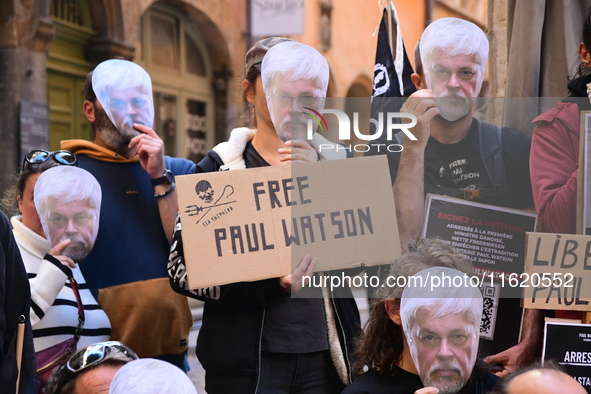 Protesters call for the release of Paul Watson from the Sea Shepherd association in Lyon, France, on September 29, 2024. 