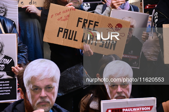 Protesters call for the release of Paul Watson from the Sea Shepherd association in Lyon, France, on September 29, 2024. 