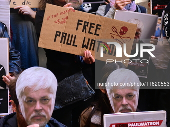 Protesters call for the release of Paul Watson from the Sea Shepherd association in Lyon, France, on September 29, 2024. (