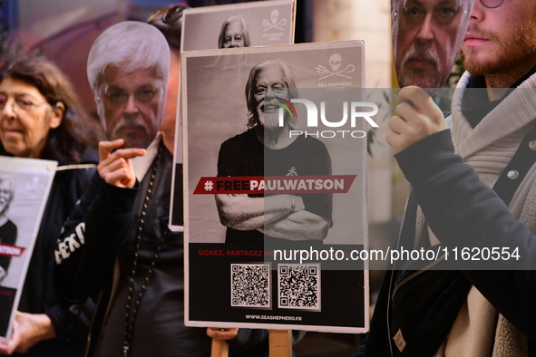 Protesters call for the release of Paul Watson from the Sea Shepherd association in Lyon, France, on September 29, 2024. 