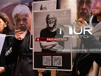 Protesters call for the release of Paul Watson from the Sea Shepherd association in Lyon, France, on September 29, 2024. (