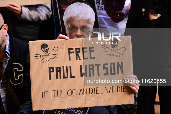 Protesters call for the release of Paul Watson from the Sea Shepherd association in Lyon, France, on September 29, 2024. 