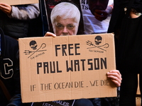 Protesters call for the release of Paul Watson from the Sea Shepherd association in Lyon, France, on September 29, 2024. (