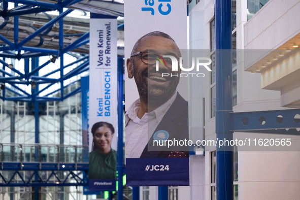 A James Cleverly banner at the Conservative Party Conference at the International Conference Centre in Birmingham, United Kingdom, on Septem...