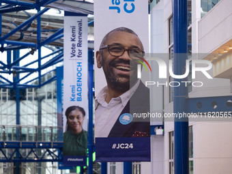 A James Cleverly banner at the Conservative Party Conference at the International Conference Centre in Birmingham, United Kingdom, on Septem...