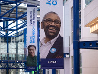 A James Cleverly banner at the Conservative Party Conference at the International Conference Centre in Birmingham, United Kingdom, on Septem...