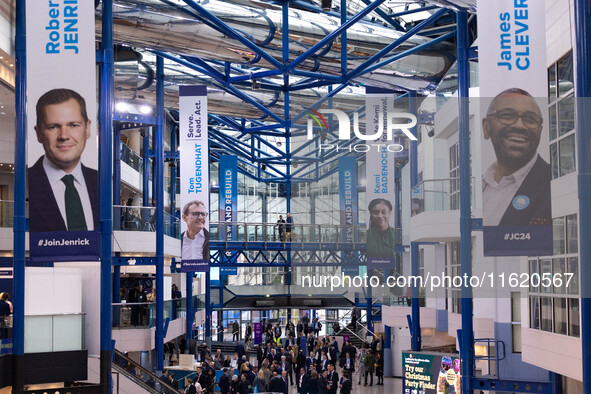 Banners for Robert Jenrick, Tom Tugendhat, Kemi Badenoch, and James Cleverly at the Conservative Party Conference at the International Confe...