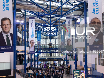 Banners for Robert Jenrick, Tom Tugendhat, Kemi Badenoch, and James Cleverly at the Conservative Party Conference at the International Confe...