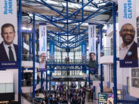 Banners for Robert Jenrick, Tom Tugendhat, Kemi Badenoch, and James Cleverly at the Conservative Party Conference at the International Confe...