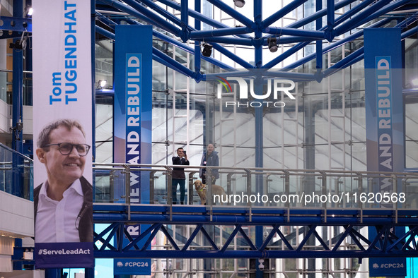 A banner for Tom Tugendhat at the Conservative Party Conference at the International Conference Centre in Birmingham, United Kingdom, on Sep...