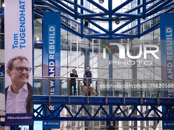 A banner for Tom Tugendhat at the Conservative Party Conference at the International Conference Centre in Birmingham, United Kingdom, on Sep...