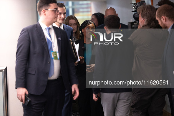 Kemi Badenoch MP, the second favorite to be the new Tory leader, walks through the ICC surrounded by her security detail at the Conservative...