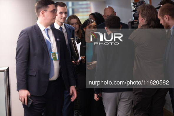 Kemi Badenoch MP, the second favorite to be the new Tory leader, walks through the ICC surrounded by her security detail at the Conservative...