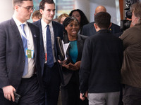 Kemi Badenoch MP, the second favorite to be the new Tory leader, walks through the ICC surrounded by her security detail at the Conservative...