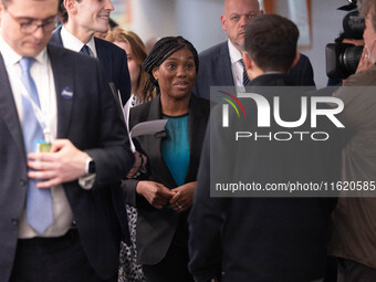 Kemi Badenoch MP, the second favorite to be the new Tory leader, walks through the ICC surrounded by her security detail at the Conservative...