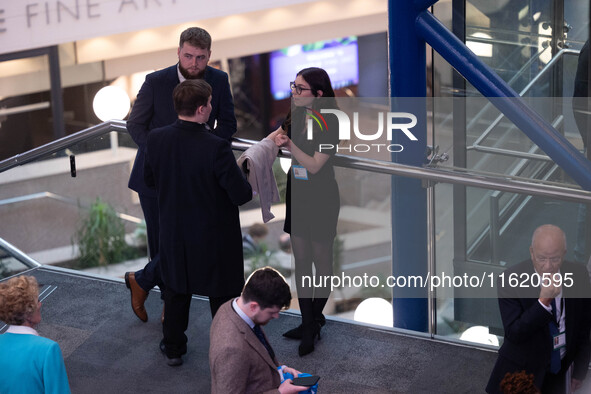 Delegates have fun at the Conservative Party Conference at the International Conference Centre in Birmingham, United Kingdom, on September 2...