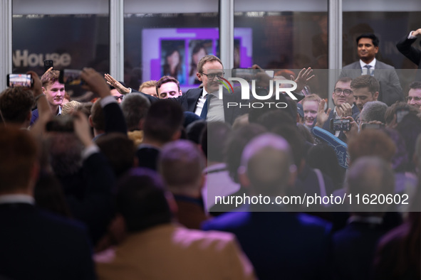 Tom Tugendhat MP gives a speech outside the InHouse marquee at the Conservative Party Conference at the International Conference Centre in B...