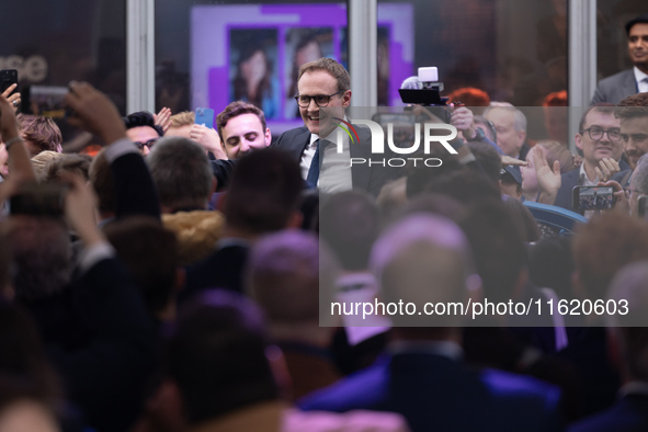 Tom Tugendhat MP gives a speech outside the InHouse marquee at the Conservative Party Conference at the International Conference Centre in B...