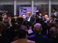 Tom Tugendhat MP gives a speech outside the InHouse marquee at the Conservative Party Conference at the International Conference Centre in B...