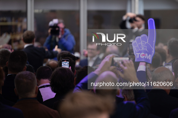 Tom Tugendhat MP gives a speech outside the InHouse marquee at the Conservative Party Conference at the International Conference Centre in B...