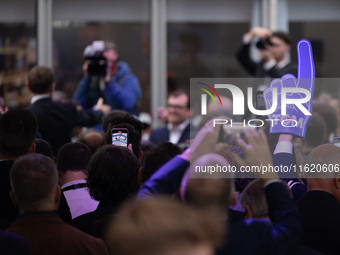 Tom Tugendhat MP gives a speech outside the InHouse marquee at the Conservative Party Conference at the International Conference Centre in B...