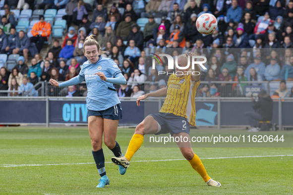 Maria Thorisdottir #2 of Brighton & Hove Albion W.F.C. is in action during the Barclays FA Women's Super League match between Manchester Cit...