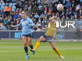 Maria Thorisdottir #2 of Brighton & Hove Albion W.F.C. is in action during the Barclays FA Women's Super League match between Manchester Cit...