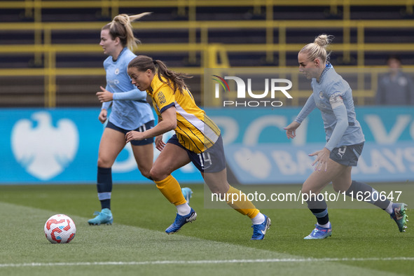 Fran Kirby #14 of Brighton & Hove Albion W.F.C. is in action during the Barclays FA Women's Super League match between Manchester City and B...