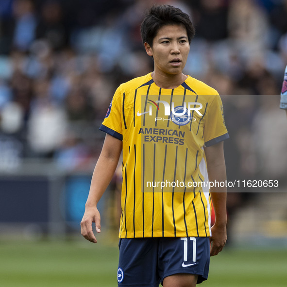 Kiko Seike #11 of Brighton & Hove Albion W.F.C. during the Barclays FA Women's Super League match between Manchester City and Brighton and H...