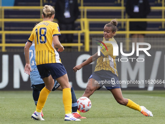 Nikita Parris #9 of Brighton & Hove Albion W.F.C. is in action during the Barclays FA Women's Super League match between Manchester City and...